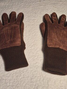 Vintage Men Brown Suede Gloves Silky Lined Ribbed Knit Wrist Cuffs Thinsulate